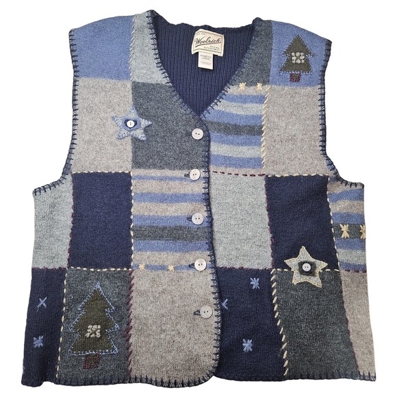 Woolrich Sweaters - VTG Woolrich Sweater Vest Women L Navy Wool Patchwork 90s Cabincore Grandmacore